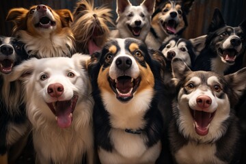 Grupo de perros esperando ser adoptados.  - obrazy, fototapety, plakaty