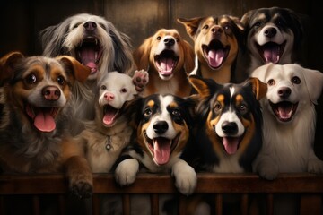 Grupo de perros esperando ser adoptados.  - obrazy, fototapety, plakaty
