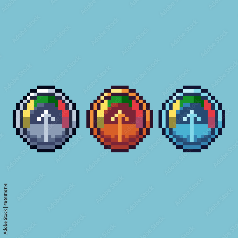 Poster pixel art sets of speedometer with variation color item asset. simple bits of speedometer on pixelat