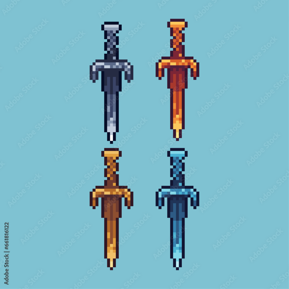 Poster pixel art sets of sword weapon with variation color item asset. simple bits of sword on pixelated st