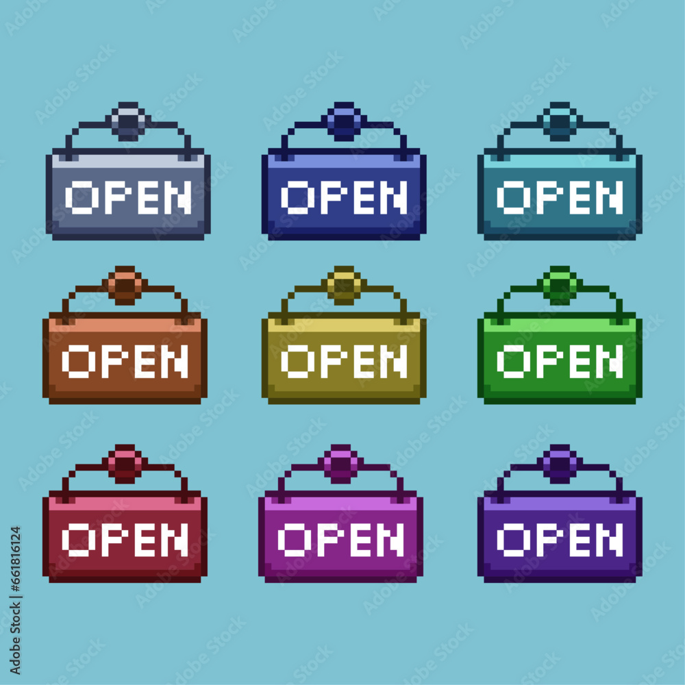 Poster pixel art sets of open sign with variation color item asset. simple bits of open sign on pixelated s