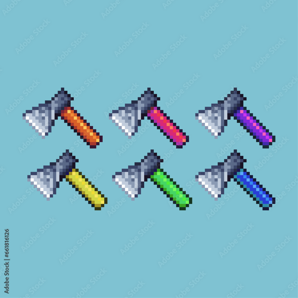 Fototapete pixel art sets of axe weapon lumberjack with variation color item asset. simple bits of axe weapon o
