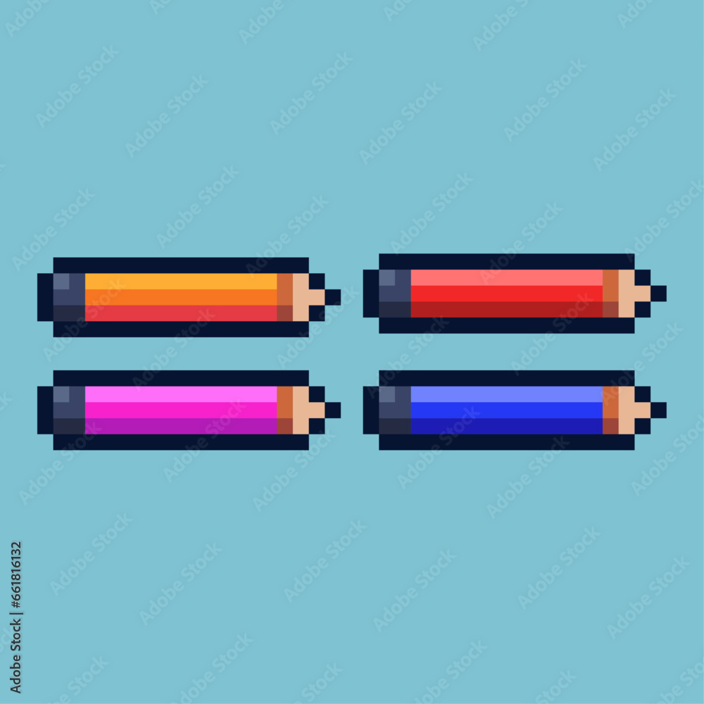 Fototapete pixel art sets of pencil with variation color item asset. simple bits of pencil on pixelated style. 