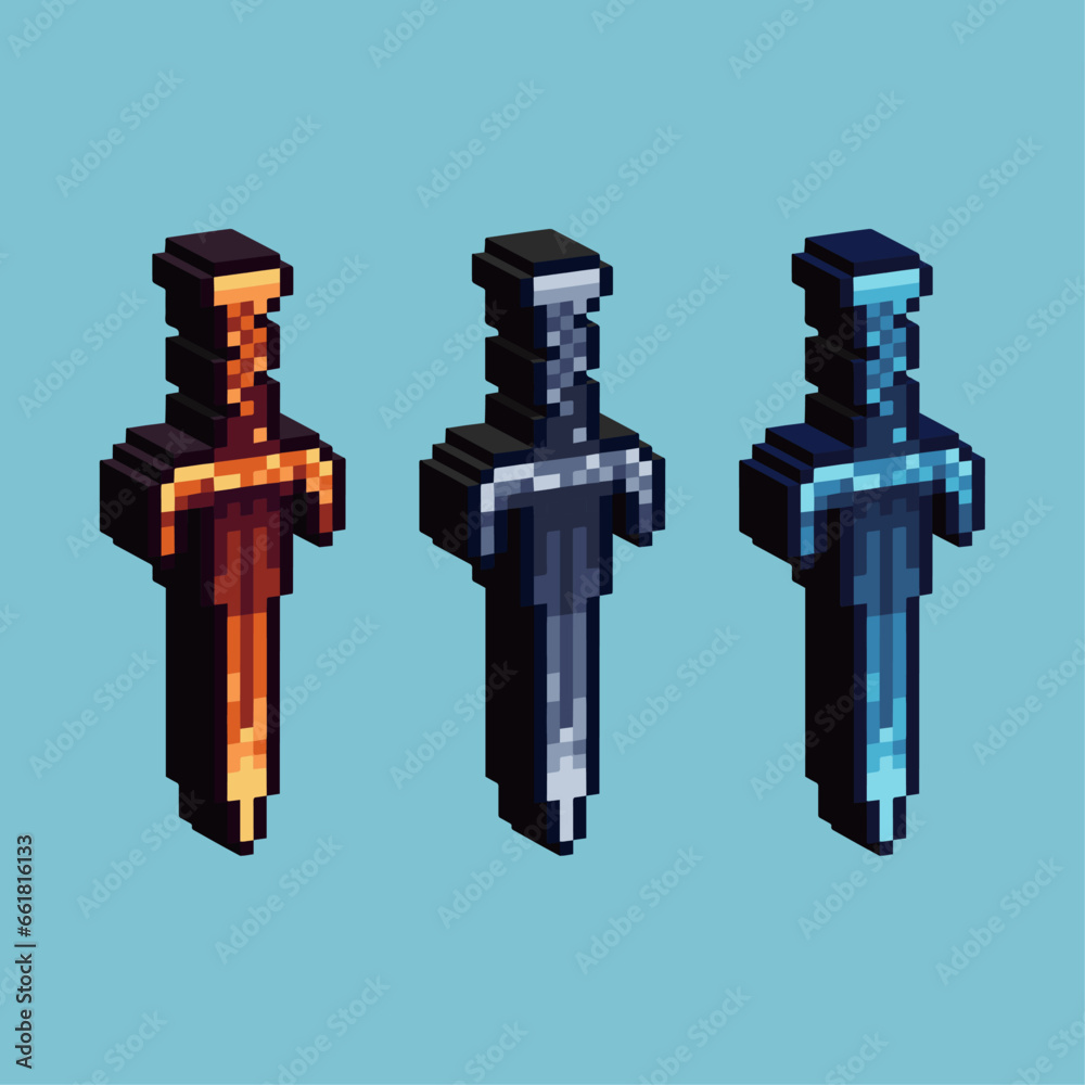 Poster isometric pixel art 3d of gold weapon sword for items asset. sword knight weapon on pixelated style.