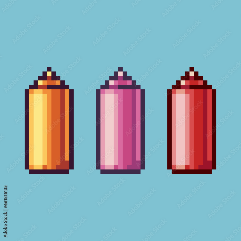 Poster pixel art sets of ketchup bottle with variation color item asset. simple bits of bottle on pixelated