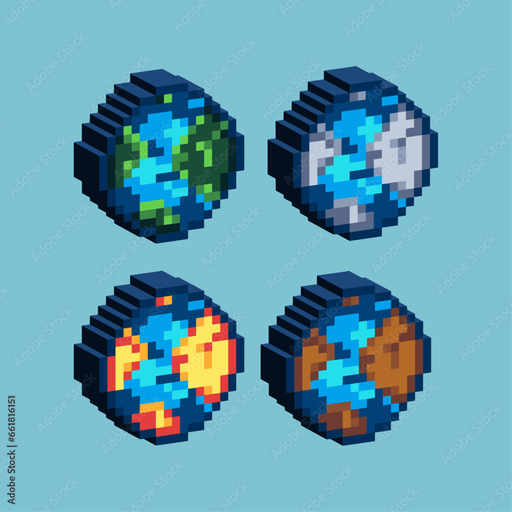 Poster isometric pixel art 3d of earth for items asset. green earth on pixelated style.8bits perfect for ga