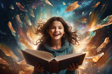 cheerful gir reads literature. magic and imagination from learning. is delighted with the training