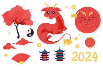 Set 2024 year of the Chinese dragon, cute dragon, pagodas, clouds, lantern