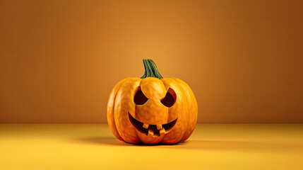 A Halloween pumpkin on a yellow background.