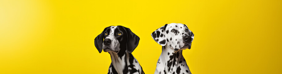 Dalmatian dog on yellow background with copy space.