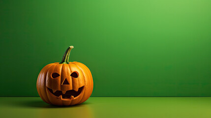 A Halloween pumpkin on a green background.