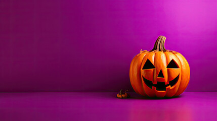 A Halloween pumpkin on a magenta background.