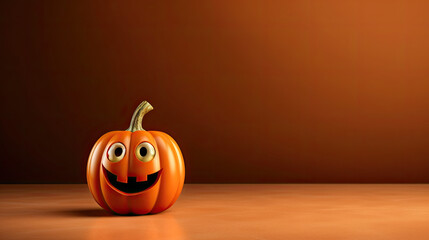 A Halloween pumpkin on a tan background.