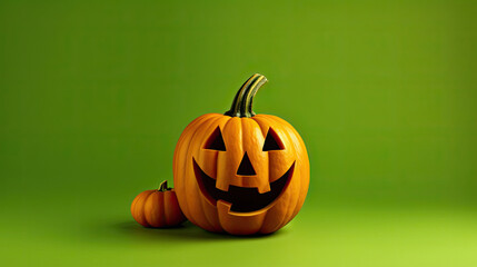 A Halloween pumpkin on a olive green background.