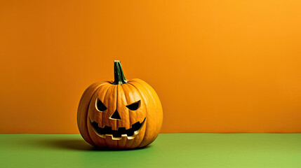 A Halloween pumpkin on a olive green background.