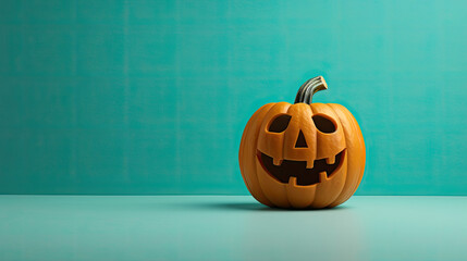 A Halloween pumpkin on a turquoise background.