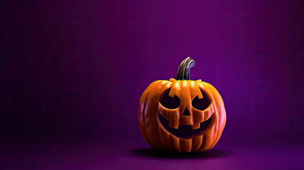 A Halloween pumpkin on a dark purple background.
