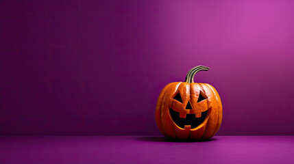 A Halloween pumpkin on a dark magenta background.