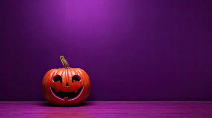 A Halloween pumpkin on a dark magenta background.