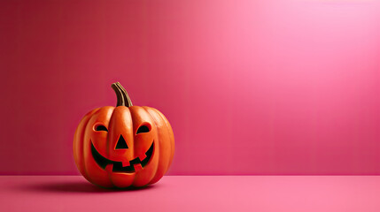 A Halloween pumpkin on a dark pink background.