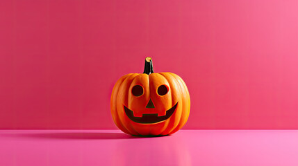 A Halloween pumpkin on a dark pink background.
