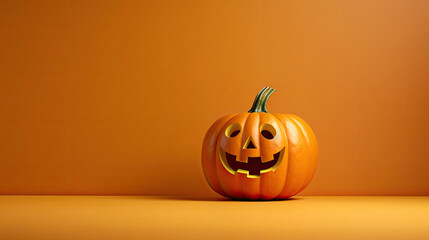 A Halloween pumpkin on a light brown background.