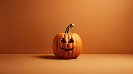 A Halloween pumpkin on a light brown background.