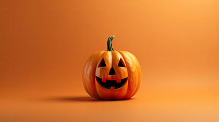 A Halloween pumpkin on a light brown background.