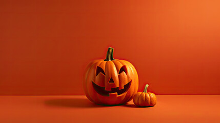 A Halloween pumpkin on a light maroon background.