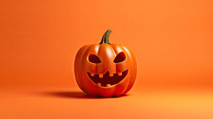 A Halloween pumpkin on a light red background.