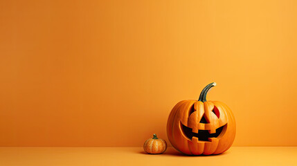 A Halloween pumpkin on a light orange background.