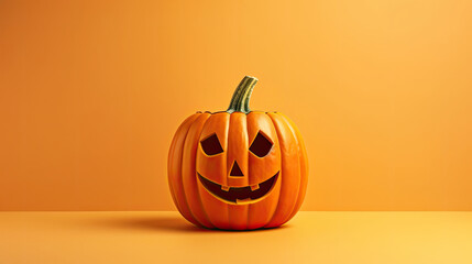 A Halloween pumpkin on a light orange background.