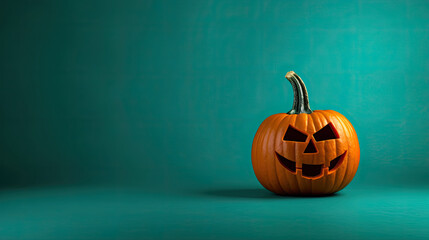 A Halloween pumpkin on a vivid cyan background.