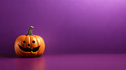 A Halloween pumpkin on a vivid purple background.