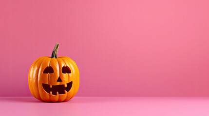 A Halloween pumpkin on a vivid pink background.