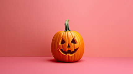 A Halloween pumpkin on a vivid pink background.