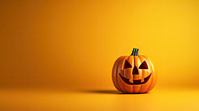 A Halloween pumpkin on a vivid yellow background.