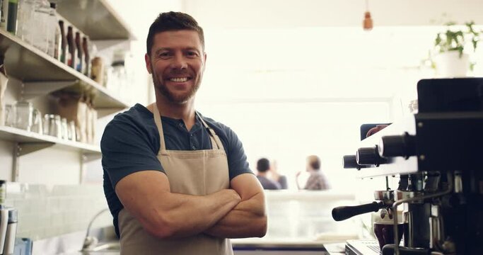 Coffee shop, arms crossed or happy barista man, waiter or server smile for cafe, diner or tea store service. Cafeteria portrait, hospitality industry or restaurant worker confident in startup success