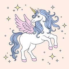 Unicorn with wings. Vector illustration in doodle style with stars