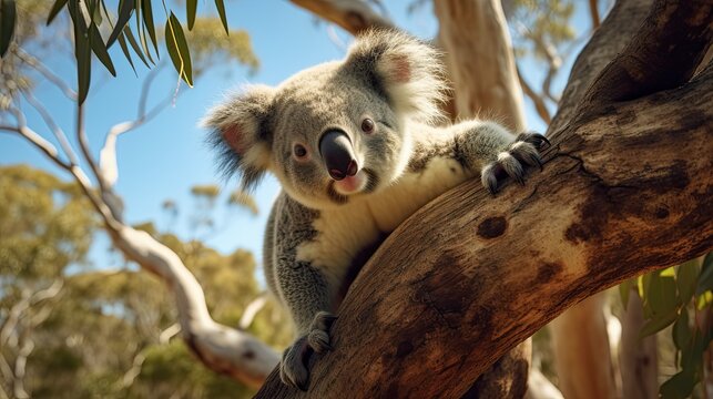 a young koala bear climbs into a tree