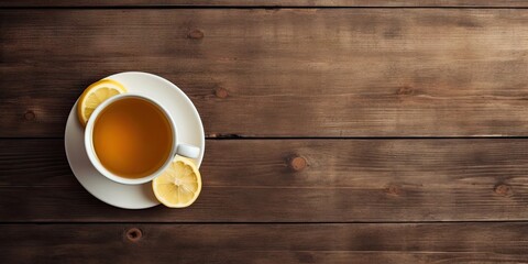 Rustic charm. Hot drink top view. Morning aroma. Fresh lemon tea on vintage wooden breakfast table. Cafe nostalgia. Vintage cup and saucer on surface