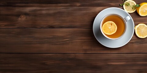 Obraz premium Rustic charm. Hot drink top view. Morning aroma. Fresh lemon tea on vintage wooden breakfast table. Cafe nostalgia. Vintage cup and saucer on surface