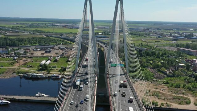 Aerial view of cable-stayed bridge with cars in St.Petersburg, 4k
