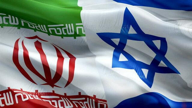 Iran and Jewish flag waving video in wind footage Full HD. Iran vs Jewish flag waving video download. Iran Israel Flag Looping Closeup 1080p Full HD 1920X1080 footage. Iran Jewish countries flags Full
