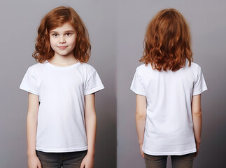 Front and back views of a little girl wearing a white T-shirt - obrazy, fototapety, plakaty
