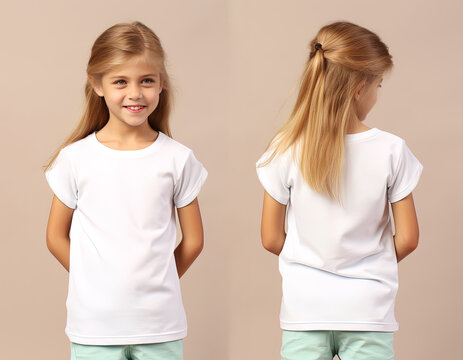Front and back views of a little girl wearing a white T-shirt