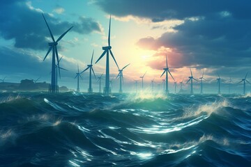 Wind turbines in the sea, providing alternative energy. Generative AI