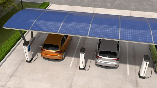 Electric cars are being charged in vehicle parking with solar panel energy, EV Charging Station, Clean energy filling technology.