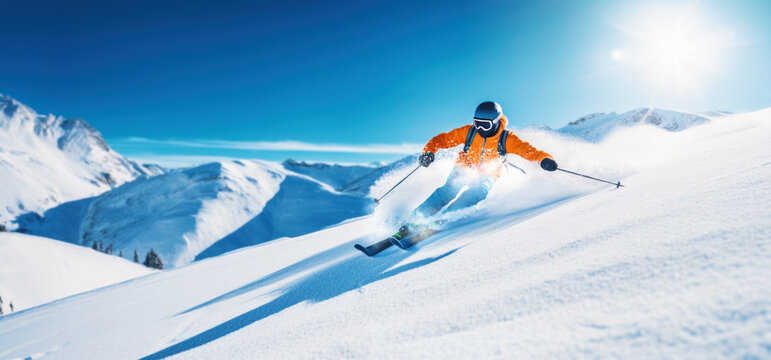 freeride skiing. skier on snowy slope against blue sky on sunny winter day. banner with copy space