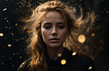 beautiful woman with blonde hair on black background with golden particles
